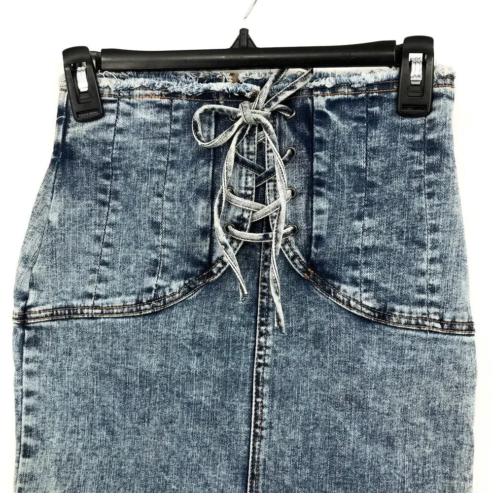 BARDOT Girls Corset Denim Skirt US 16 Blue Acid Wash Cotton NWT